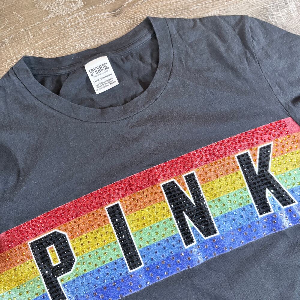 PINK‎ Victoria Secret Black Tee Jeweled Raindow Size XS